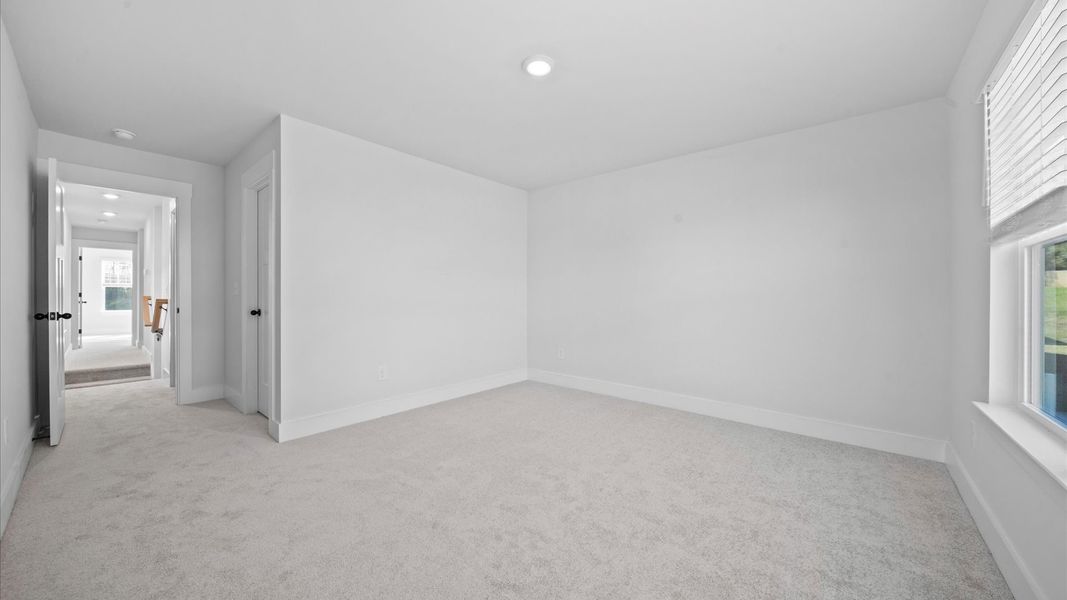 Accomplished bedroom layout with cozy carpet, a spacious walk-in closet, and sun-filled windows