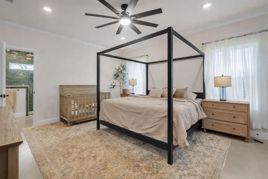 Bedroom featuring recessed lighting, a ceiling fan, and crown molding Bedroom featuring recessed lighting, a ceiling fan, and crown molding