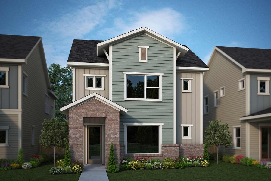 Representative exterior photo of a completed home built from the The Settler by David Weekley Homes in Goodnight Ranch, Austin, TX (Image 16).