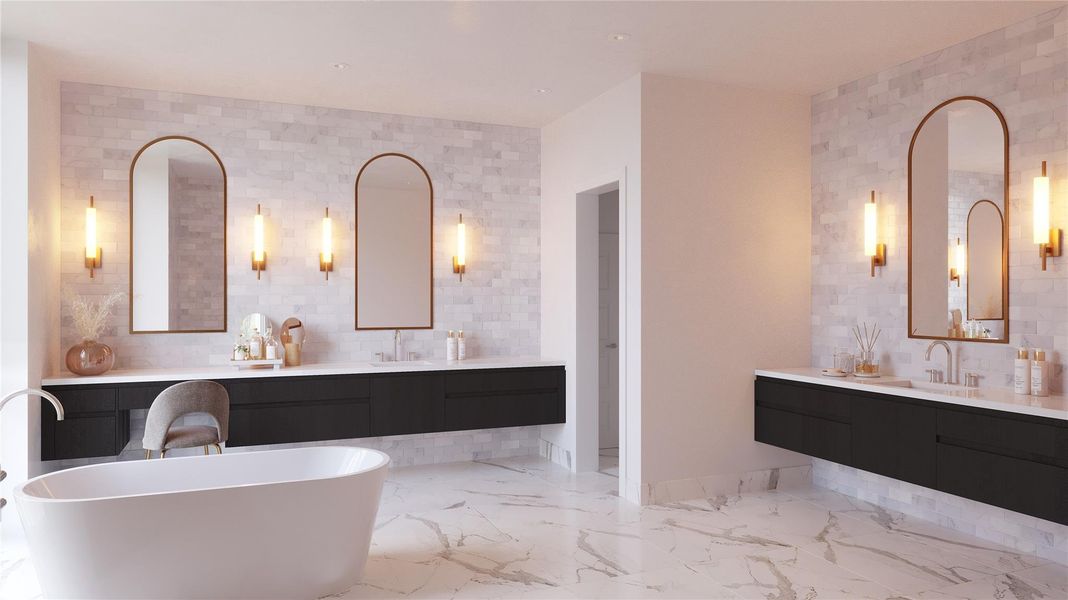Artis Rendition: Spa-Inspired Primary Bath Featuring a Freestanding Soaking Tub (Optional), Floating Dual Vanities with Dedicated Knee Space, Designer Lighting, and Refined Marble-Style Finishes