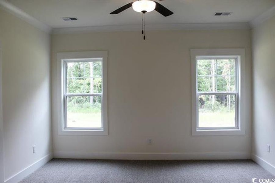Empty room featuring light carpet, healthy amount of natural light, crown molding, and a ceiling fan