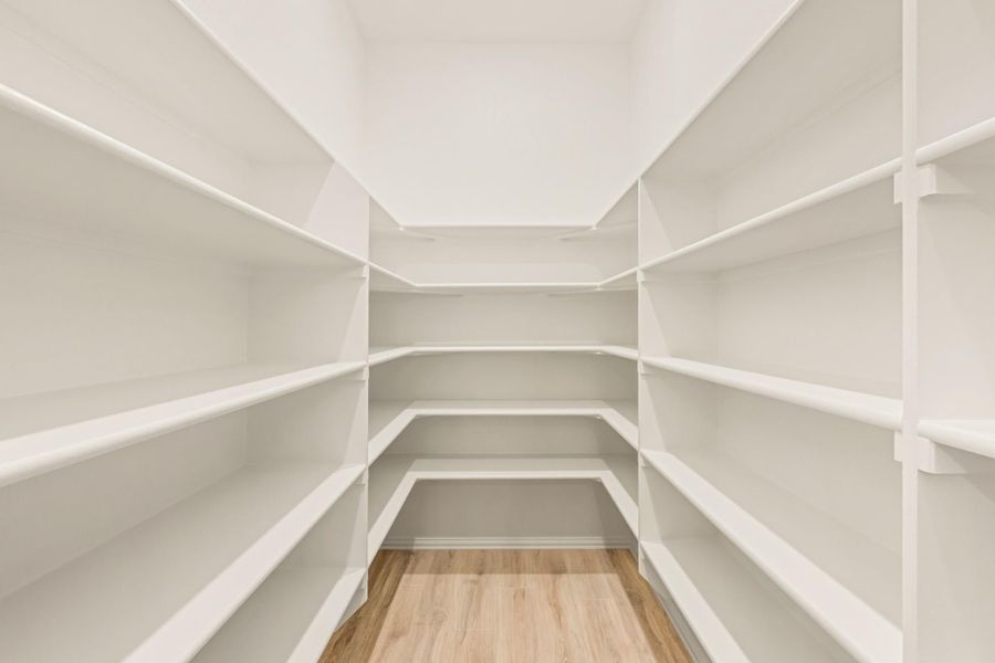 Walk-in pantry with white wrap-around shelving and light wood floors Walk-in pantry with white wrap-around shelving and light wood floors