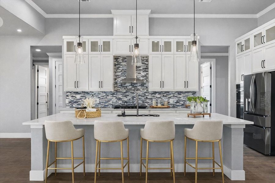 Kitchen featuring glass insert cabinets, stainless steel fridge, Brazilian quartz counters, dark wood finished floors, and crown molding