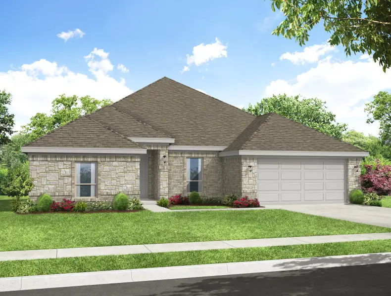 Representative exterior photo of a completed home built from the Hampton by Impression Homes in Still Water Lake Estates, Godley, TX (Image 7). Representative exterior photo of a completed home built from the Hampton by Impression Homes in Still Water Lake Estates, Godley, TX (Image 7).