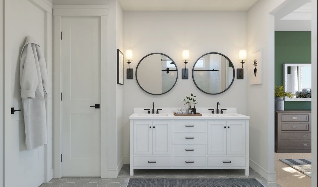 Primary bath with matte black finishes & dual sinks Primary bath with matte black finishes & dual sinks