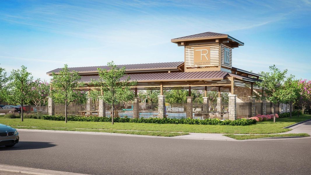 Front exterior of a new home in Trinity Ranch, Elgin, TX, highlighting curb appeal (Image 2).