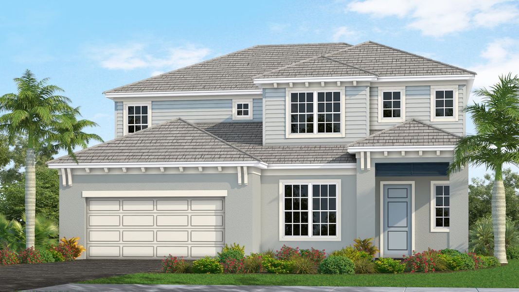 Front exterior of a new home in Palm Grove, Lakewood Ranch, FL, highlighting curb appeal (Image 1). Front exterior of a new home in Palm Grove, Lakewood Ranch, FL, highlighting curb appeal (Image 1).
