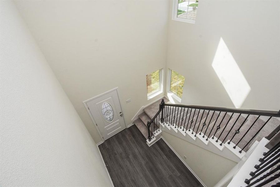 High ceiling foyer with staircase, dark wood floors, white walls, wrought iron railings, and natural light from windows.