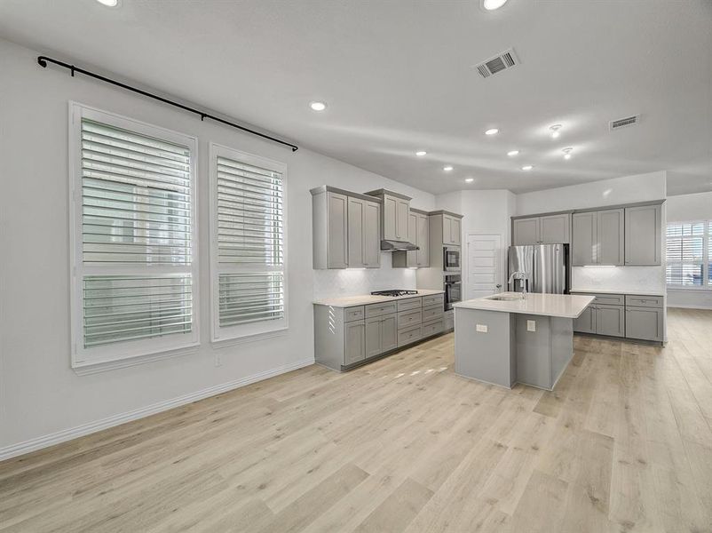 Kitchen with gray cabinetry, stainless steel appliances, backsplash, light hardwood / wood-style floors, and a kitchen island with sink