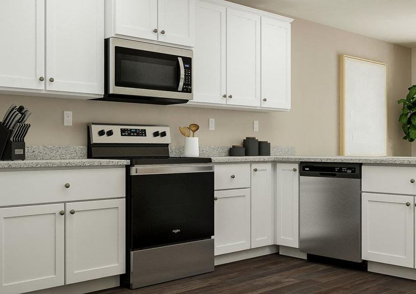 Rendering of the kitchen with vinyl plank
  flooring, white cabinetry and stainless steel appliances. The dining room is
  visible in the background.