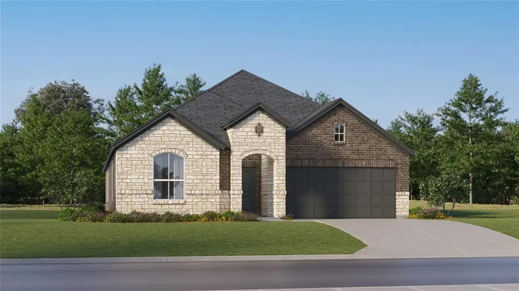 Single-story residence featuring a combination of light-toned stone and dark brick exterior Single-story residence featuring a combination of light-toned stone and dark brick exterior