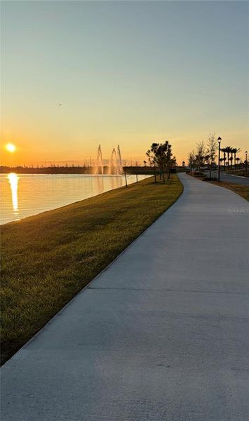 Community Walking Trail, Ponds and Fountains at Sunset