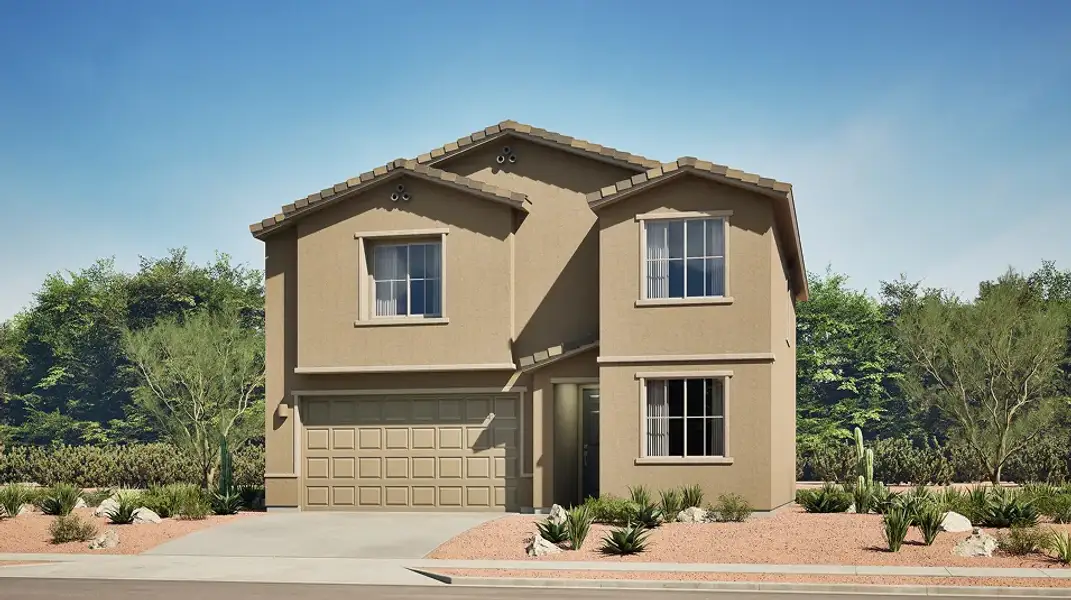 Front exterior of a new home in Rocking K, Tucson, AZ, highlighting curb appeal (Image 1). Front exterior of a new home in Rocking K, Tucson, AZ, highlighting curb appeal (Image 1).
