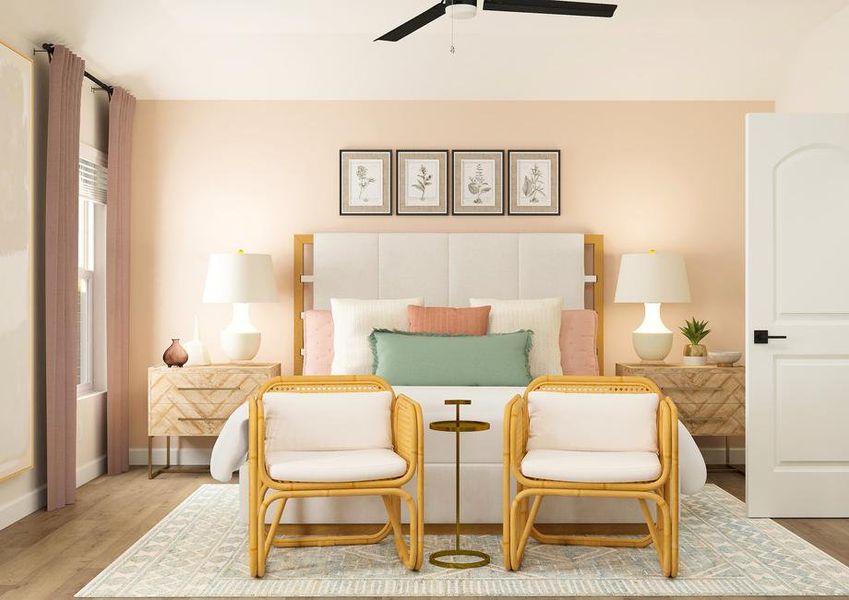 Rendering of the spacious master bedroom
  with two windows, wood-look flooring and a ceiling fan. The large bed is
  centered between two nightstands and two accent chairs sit at the foot of the
  bed.