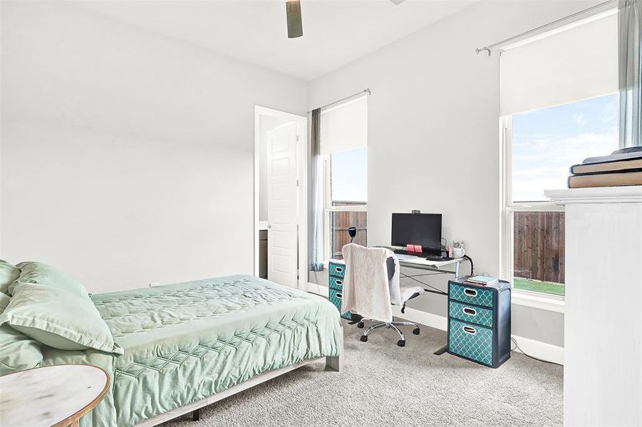 Bedroom with carpet floors, ceiling fan, and a desk