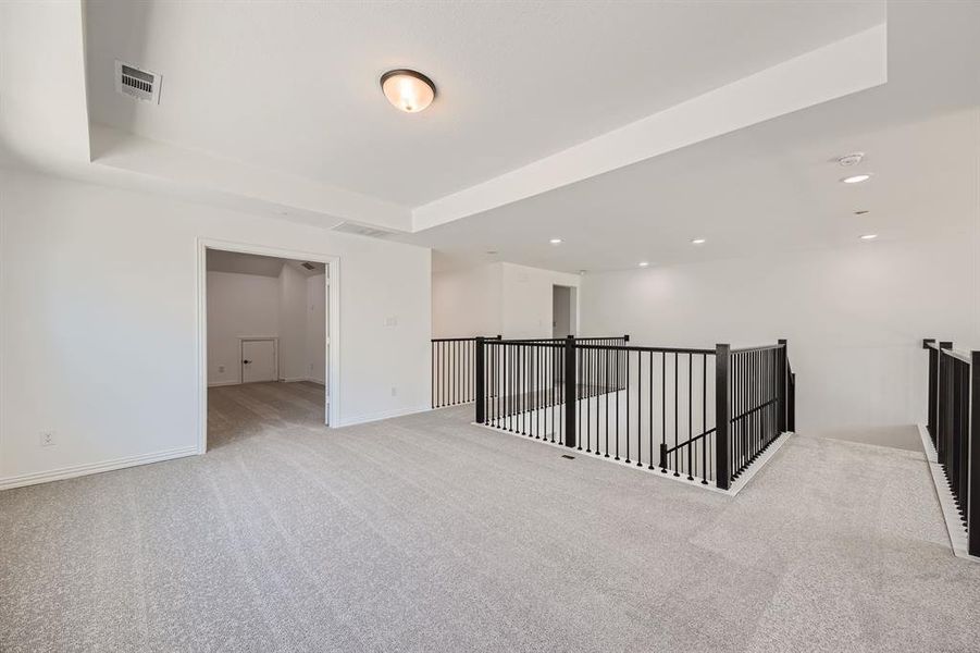 Spare room with light carpet and a tray ceiling