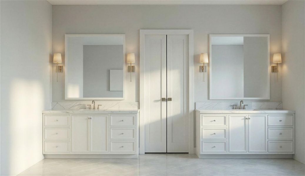 Rendering: Primary bathroom finished in natural wood and marble finishes