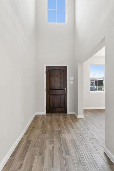 A tall ceiling and wood-look tile flooring complement a rich wood entry door.