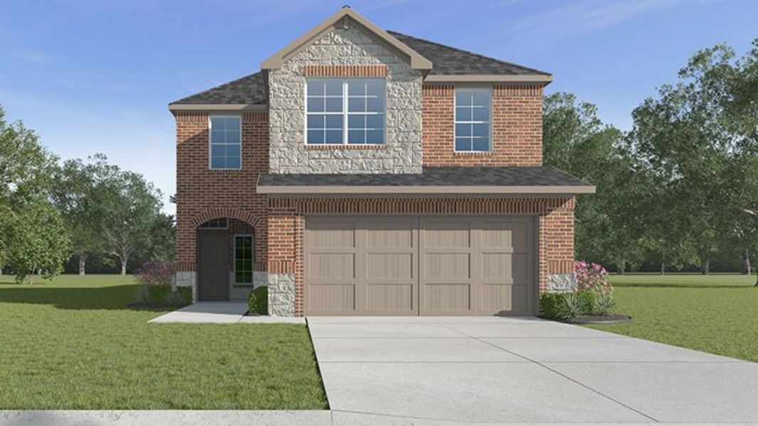 Front exterior of a new home in The Reserve at Spiritas Ranch, Little Elm, TX, highlighting curb appeal (Image 1).