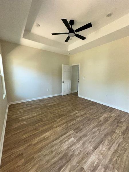 Empty room featuring a raised ceiling and dark wood finished floors