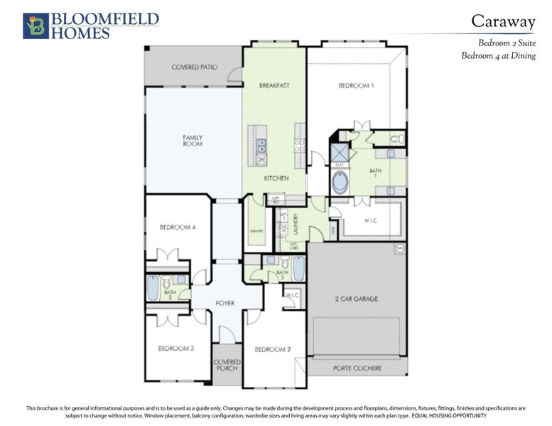 Bloomfield Homes Caraway floor plan showing four bedrooms, kitchen, family room, and two-car garage layout. Bloomfield Homes Caraway floor plan showing four bedrooms, kitchen, family room, and two-car garage layout.