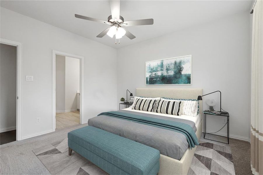 Bedroom featuring carpet flooring, baseboards, and a ceiling fan
