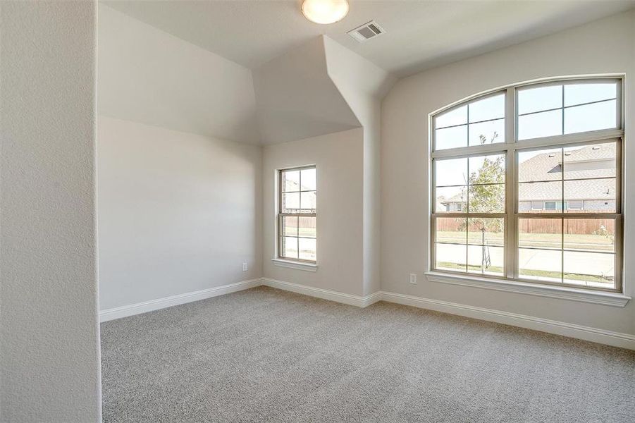 Spare room with carpet flooring and vaulted ceiling