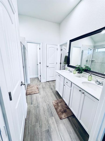 Bathroom with a shower with door, hardwood / wood-style floors, and double sink vanity