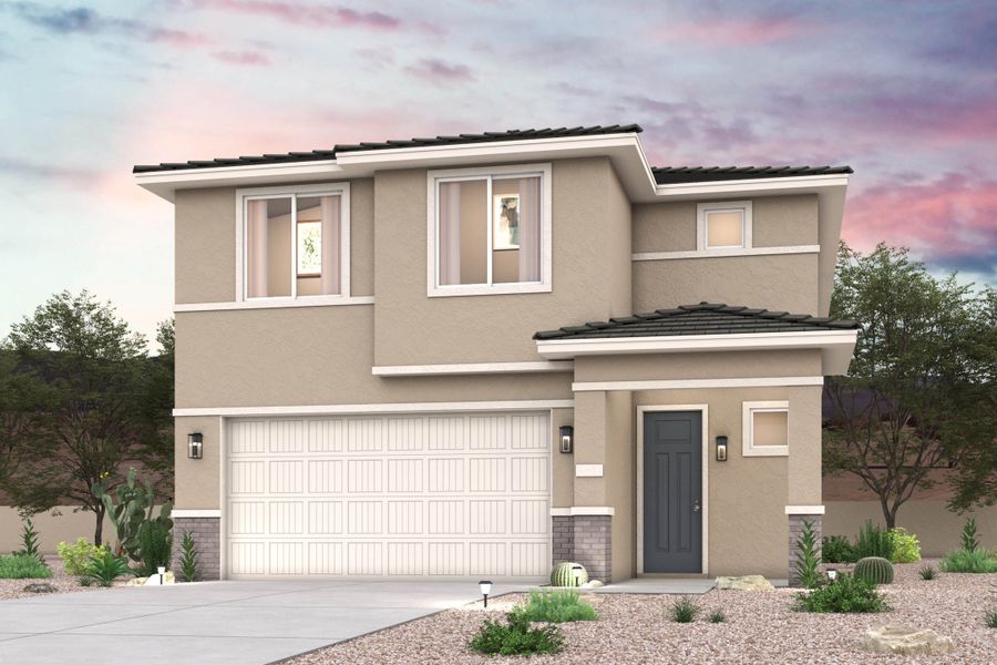 Twilight rendering of front of new home for sale in San Tan Valley, AZ at Skyline Village the Highlands Collection by Century Communities with 2 car garage. Twilight rendering of front of new home for sale in San Tan Valley, AZ at Skyline Village the Highlands Collection by Century Communities with 2 car garage.