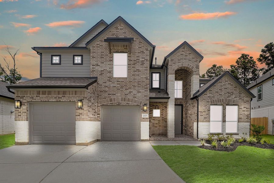 Front exterior of a new home in Barton Creek Ranch, Conroe, TX, highlighting curb appeal (Image 1). Front exterior of a new home in Barton Creek Ranch, Conroe, TX, highlighting curb appeal (Image 1).