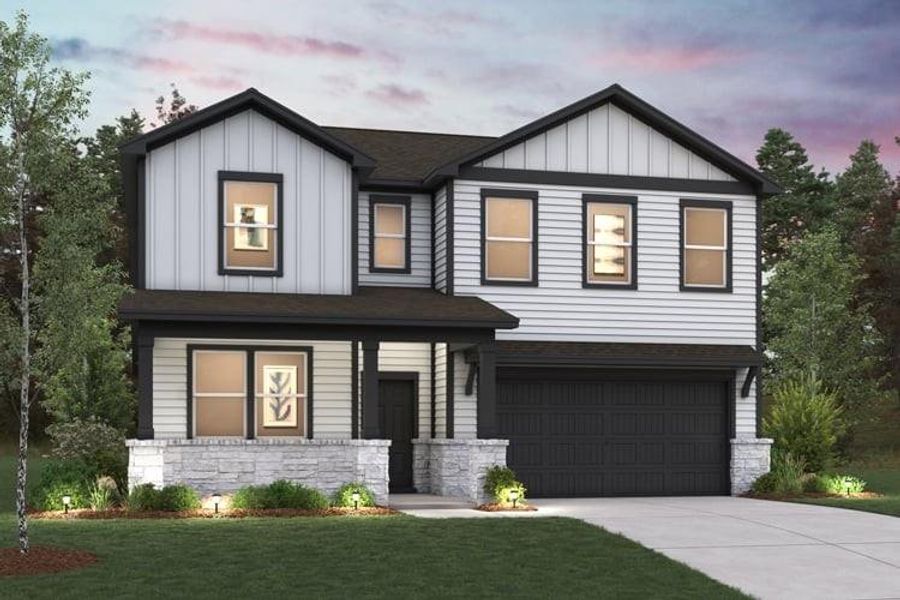 Front exterior of a new home in The Highlands at Avery Centre, Round Rock, TX, highlighting curb appeal (Image 1).