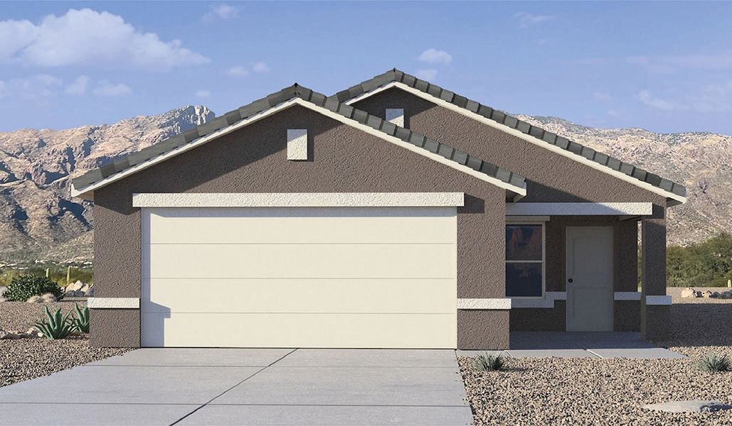 Front exterior of a new home in Coronet at Gladden Farms, Marana, AZ, highlighting curb appeal (Image 1). Front exterior of a new home in Coronet at Gladden Farms, Marana, AZ, highlighting curb appeal (Image 1).