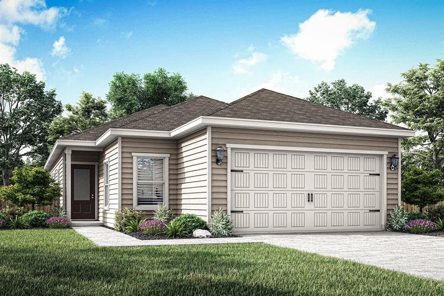 View of front of property featuring a garage and a front lawn