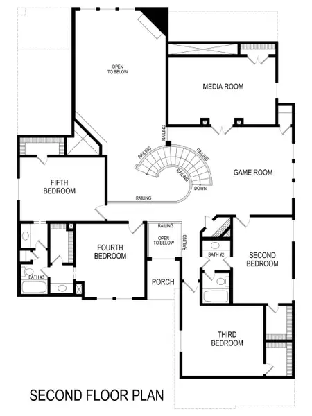 2D floor plan layout for the Brentwood 3FSW (w/Media) by First Texas Homes in Valencia on The Lake, Little Elm, TX (Image 6).
