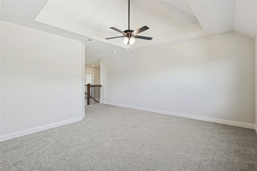 Spare room featuring carpet flooring, ceiling fan, vaulted ceiling, and a tray ceiling