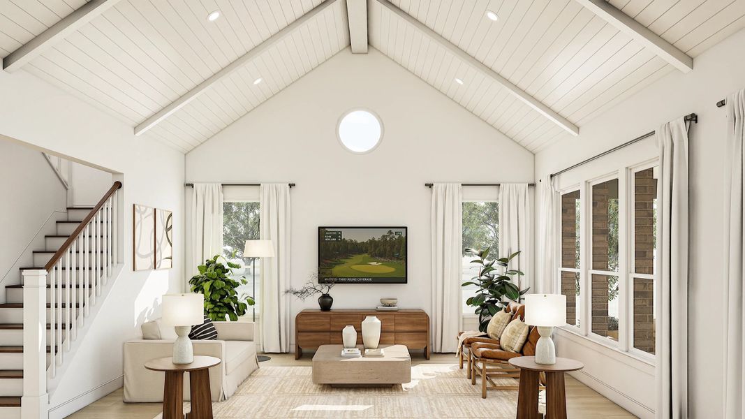 Great Room with shiplap and white painted beams Great Room with shiplap and white painted beams