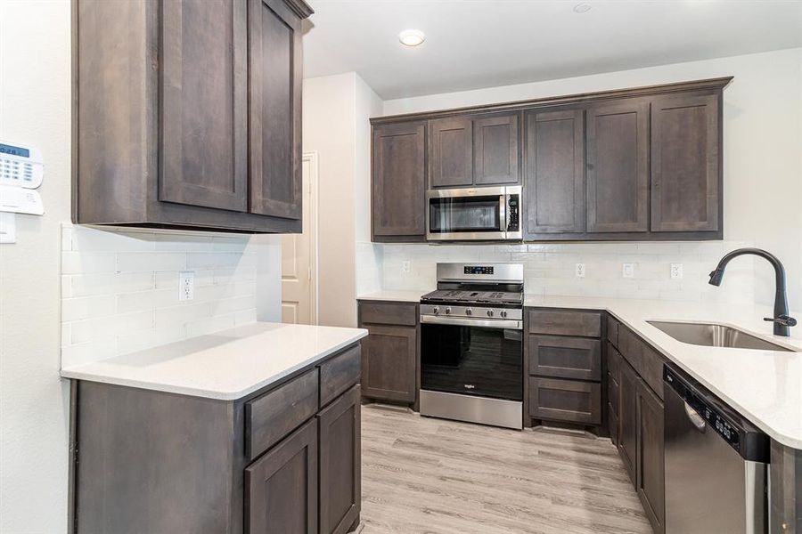 Kitchen featuring appliances with stainless steel finishes, sink, dark brown cabinets, light hardwood / wood-style floors, and decorative backsplash