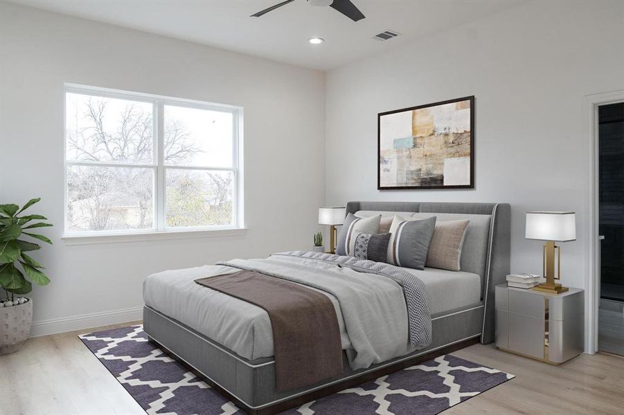 Bedroom with wood finished floors, recessed lighting, and ceiling fan