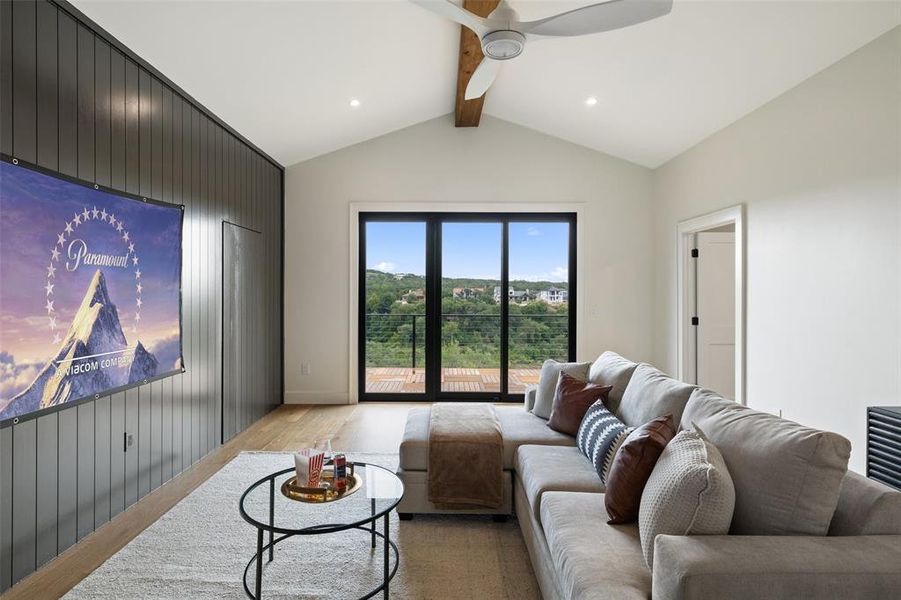 Gameroom with hidden storage and hill country views