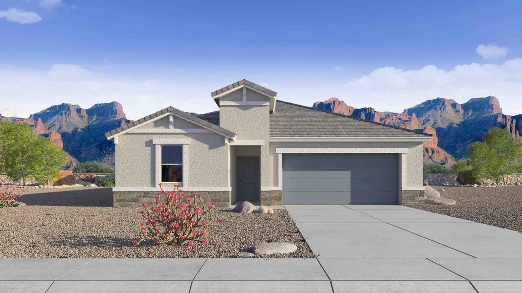 Front exterior of a new home in Radiance at Superstition Vistas, Apache Junction, AZ, highlighting curb appeal (Image 1).