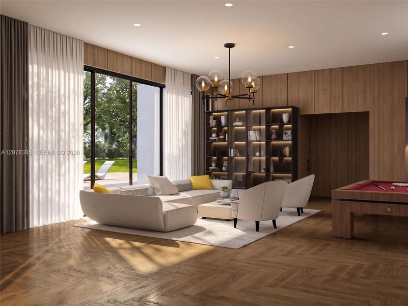 Cozy living room featuring plush seating, warm wood flooring, and expansive glass walls.