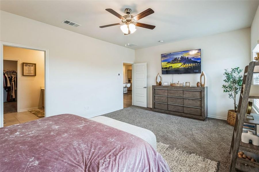 Carpeted bedroom with a ceiling fan, baseboards, visible vents, wet bar, and a walk in closet