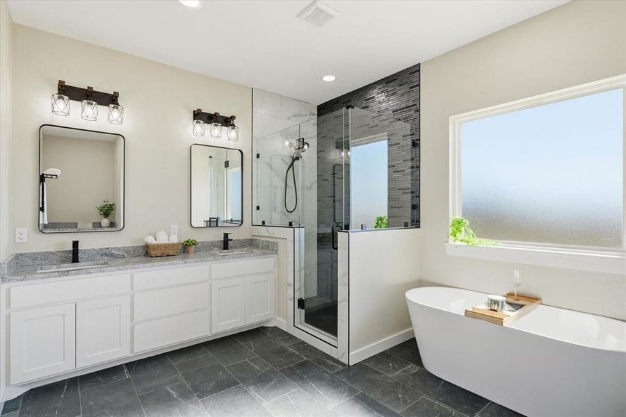 Dual sinks, large walk in tiled shower