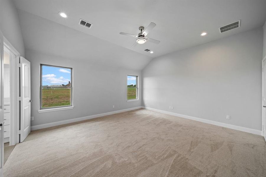 Empty room featuring a healthy amount of sunlight, vaulted ceiling, light colored carpet, and ceiling fan