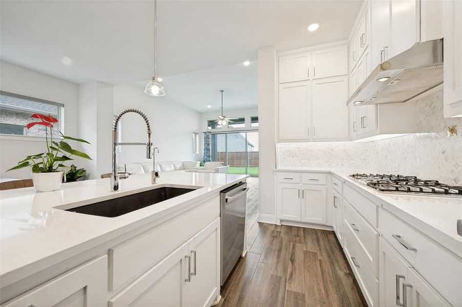 Gourmet kitchen featuring a large island with an undermount sink, stainless steel dishwasher, white cabinetry, a gas range, and wood-finish flooring