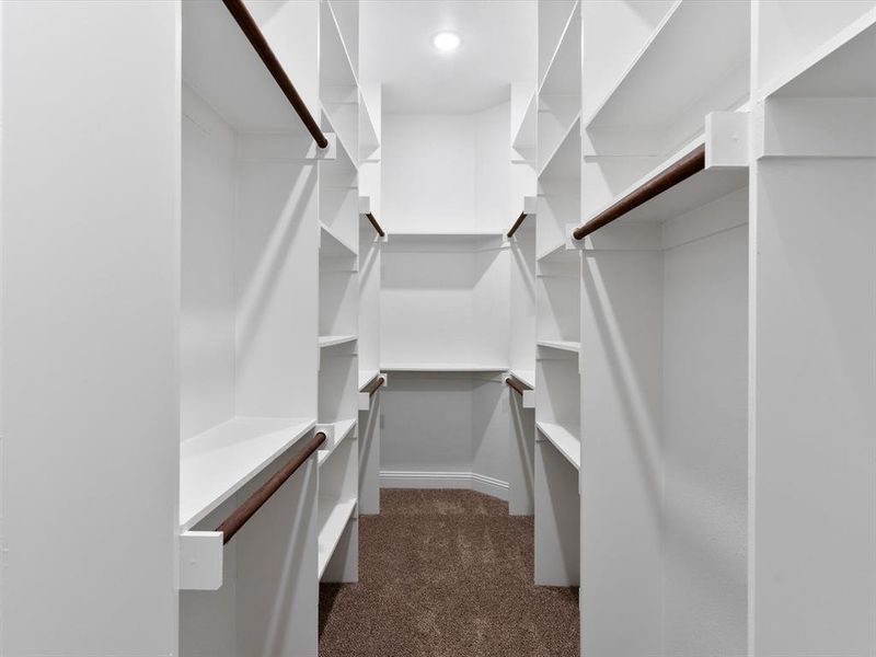 Walk in closet featuring dark carpet