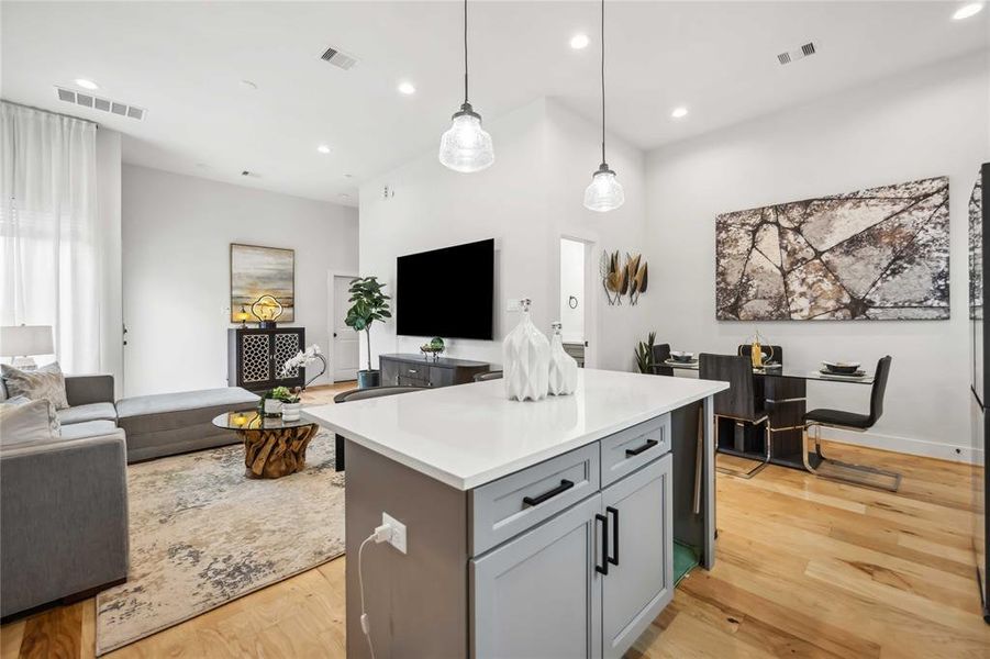 Another view of the kitchen and dining area.