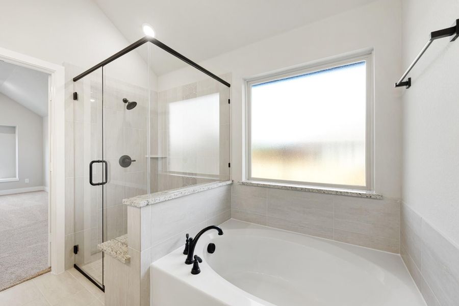 Bathroom with glass-enclosed tile shower, soaking tub with black fixtures, and frosted window