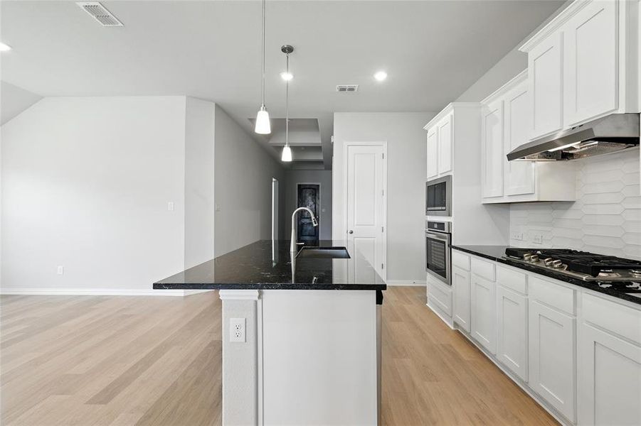 Kitchen featuring stainless steel appliances, under cabinet range hood, light wood-style floors, tasteful backsplash, and a kitchen island with sink Kitchen featuring stainless steel appliances, under cabinet range hood, light wood-style floors, tasteful backsplash, and a kitchen island with sink