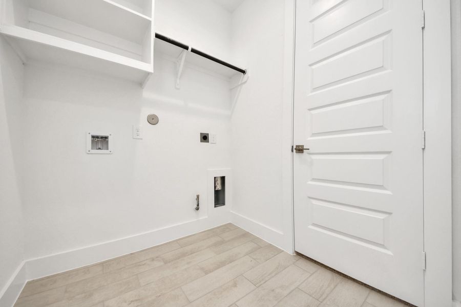 A perfect blend of functionality and comfort. Capture the essence of easy living with a first-floor laundry room, thoughtfully equipped with shelving for effortless organization. Both electric and gas connections available.